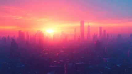 Fototapeta premium A city skyline with a bright orange sun in the sky. Generative AI
