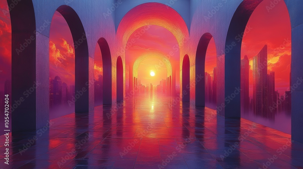Poster a large, empty room with a large archway and a sun shining through it. generative ai