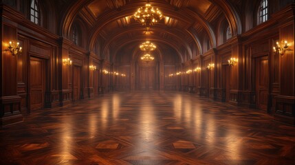 Obraz premium An Empty Wooden Hallway with Arched Ceiling and Chandeliers