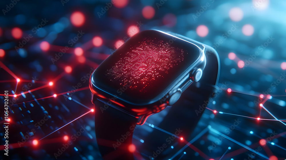 Poster futuristic smartwatch with a shimmering display, surrounded by a digital network of glowing nodes.