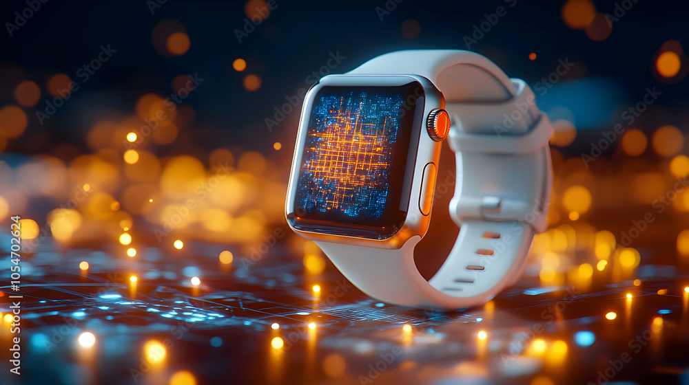Poster smartwatch with a glowing display and intricate design against a bokeh background.