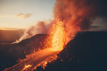 Fototapeta premium Volcanic eruption process. Landscape of volcano with exploding and flowing lava and magma. Hot volcanic magma eruption and exploding with smoke infernal. Natural disaster concept