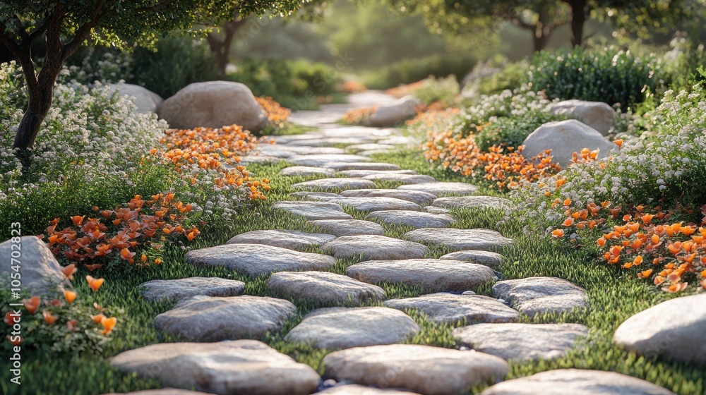 Poster a path with a stone walkway and flowers on either side. generative ai