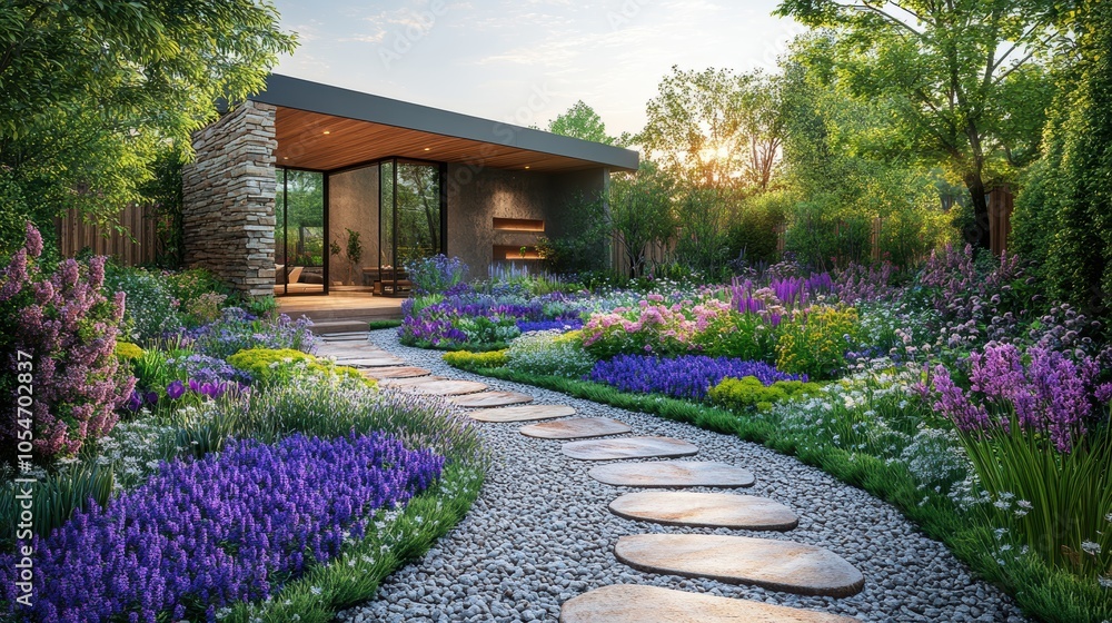 Poster a garden with a path and a house in the background. generative ai