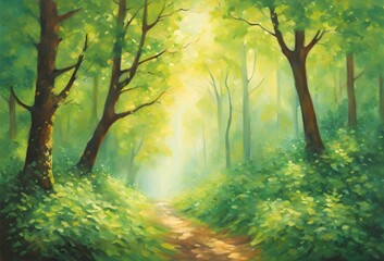 Obraz premium 明るく日が差す森の小道のイラスト