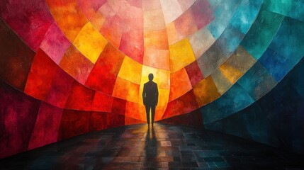 A man stands in a room with a colorful background. Generative AI