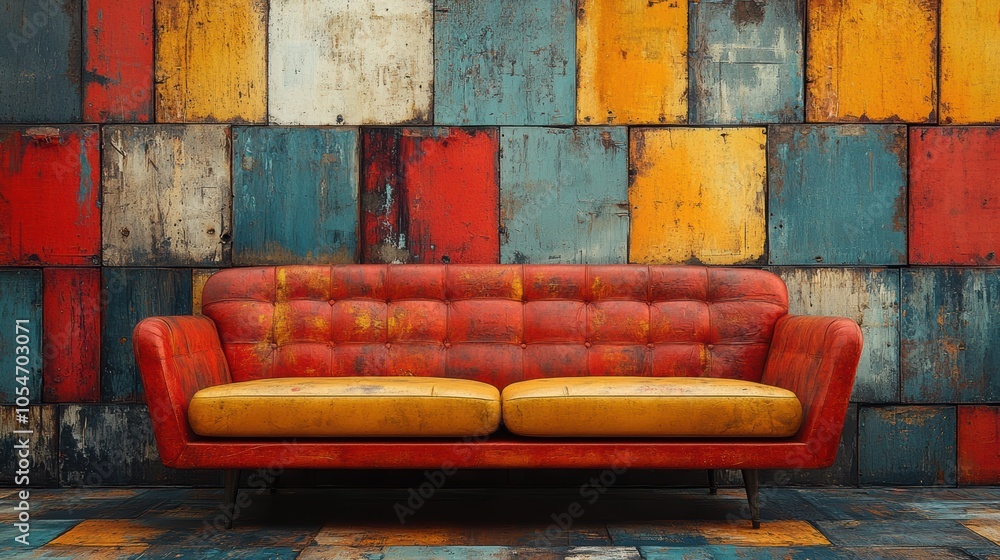 Poster a red couch sits in front of a colorful wall. generative ai