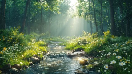 Obraz premium Serene forest scene with a flowing stream and sunlit flowers.