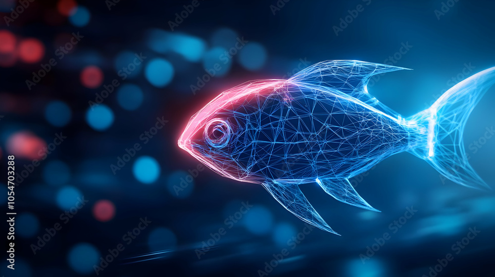 Poster a digital representation of a fish, showcasing vibrant colors and intricate network patterns against