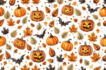 Seamless Halloween pattern featuring pumpkin lanterns, autumn leaves, and a black bat on a white background