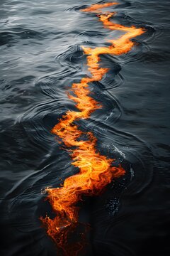 Underwater volcanic eruption process. Landscape of volcano with exploding and flowing lava and magma under the sea. Hot volcanic magma eruption and exploding with smoke infernal. Natural disaster 