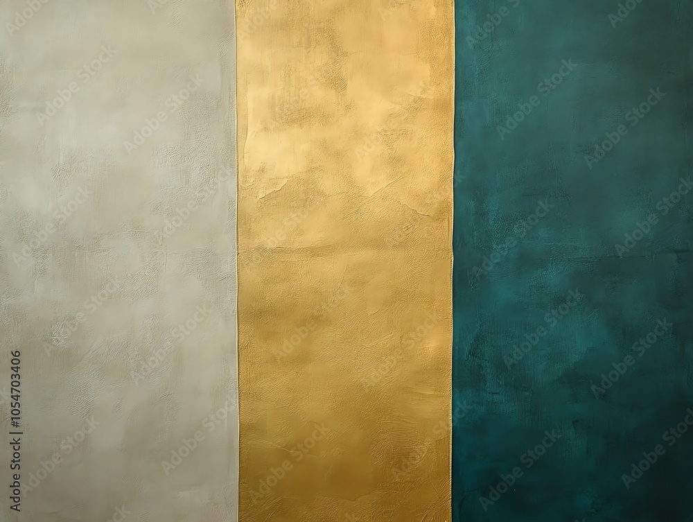 Poster a close-up of a wall with three vertical sections, painted in beige, gold and teal, creating a minim
