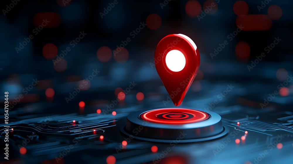 Poster 3d rendering of a red location pin on a digital interface, symbolizing navigation and digital mappin
