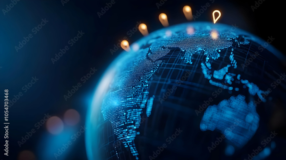 Poster close-up view of a glowing digital globe with location markers against a dark background.