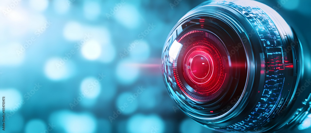 Poster close-up of a futuristic camera lens with red light effect on a blurred background.