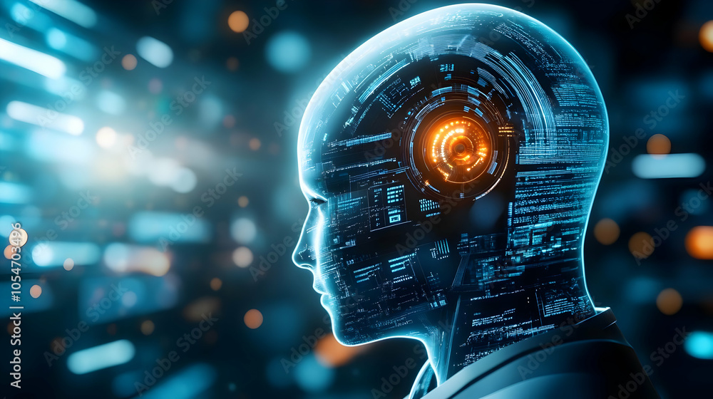 Poster futuristic human head silhouette with digital circuits and glowing elements, representing advanced a