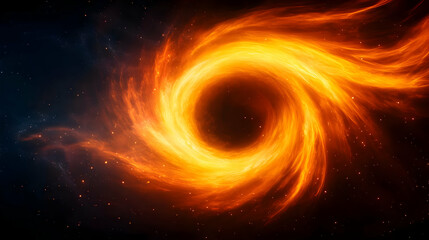 An artistic representation of a black hole with vibrant orange and yellow flames against a starry background.