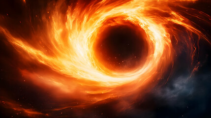 Obraz premium A mesmerizing depiction of a cosmic phenomenon resembling a black hole with fiery orange and red swirling gases.