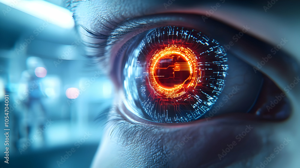 Poster close-up of a futuristic eye with digital elements and an orange light effect, showcasing advanced t