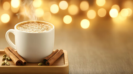 Obraz premium A steaming cup of coffee with cinnamon sticks, positioned on a wooden tray against a softly blurred golden background.