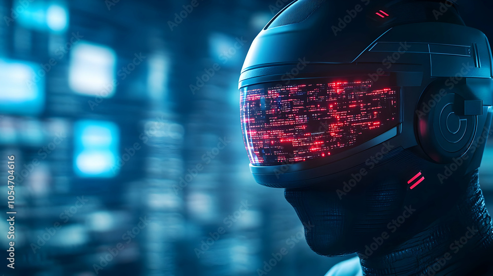 Poster futuristic robot with a digital visor in a high-tech environment.