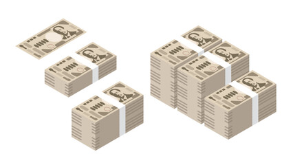 bundle of of new 10000 Japanese yen banknote wad with currency strap set, isometric