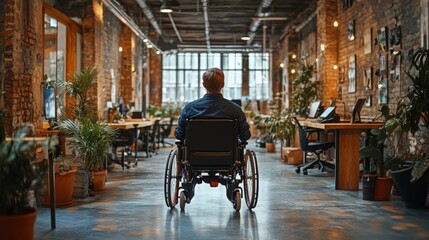 Obraz premium A wheelchair user navigating a modern smart office filled with plants and natural light