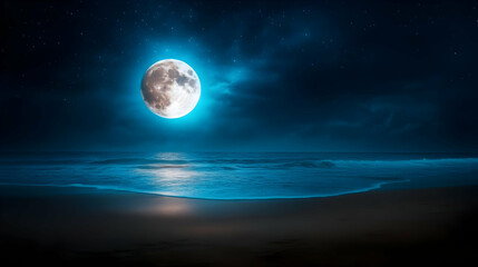 Night seascape with a luminous moon reflecting on the calm ocean waves.