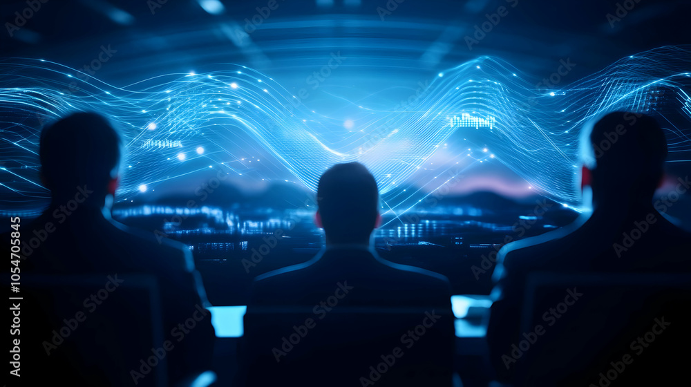 Poster silhouetted figures in front of a digital interface, showcasing data visualization and technology in