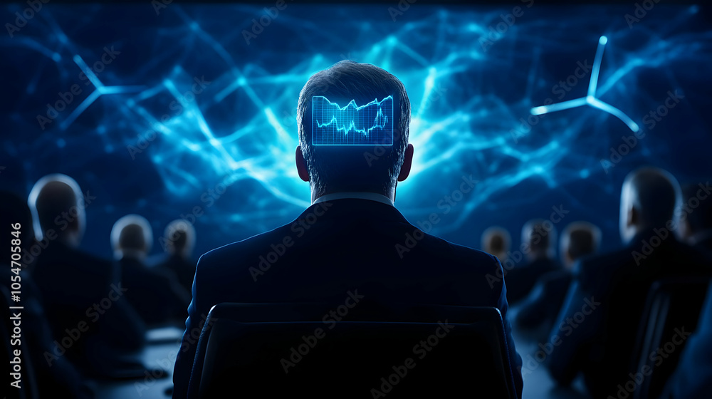 Poster a futuristic scene depicting a person with a digital brain visualization, surrounded by a group in a