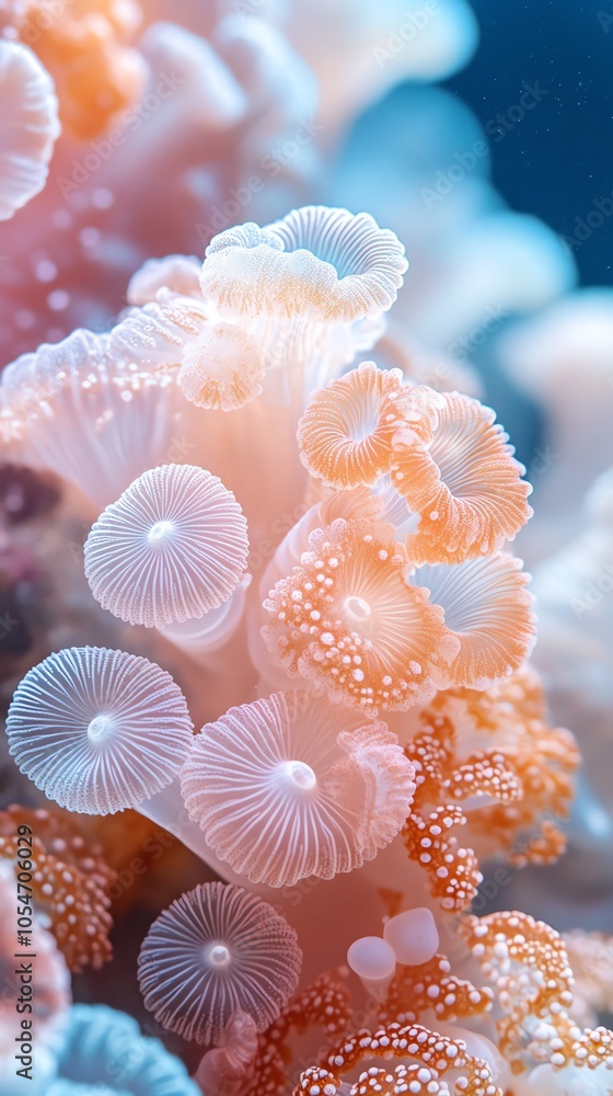 Poster a close-up of vibrant coral polyps in a variety of shapes and sizes.