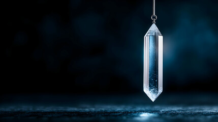 A beautiful crystal pendant hanging against a dark, moody background with subtle light reflections.