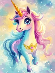 Colorful Unicorn with Flowing Mane in Fantasy Clouds	