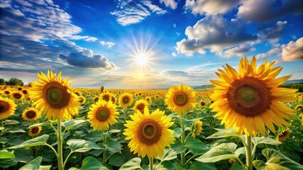 Beautiful summer landscape with blooming sunflowers under a blue sky , Sunflowers, blooming, summer, landscape, fields