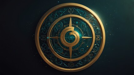 Obraz premium a gold and blue circle with a blue background and the words the name of the sea on the bottom.