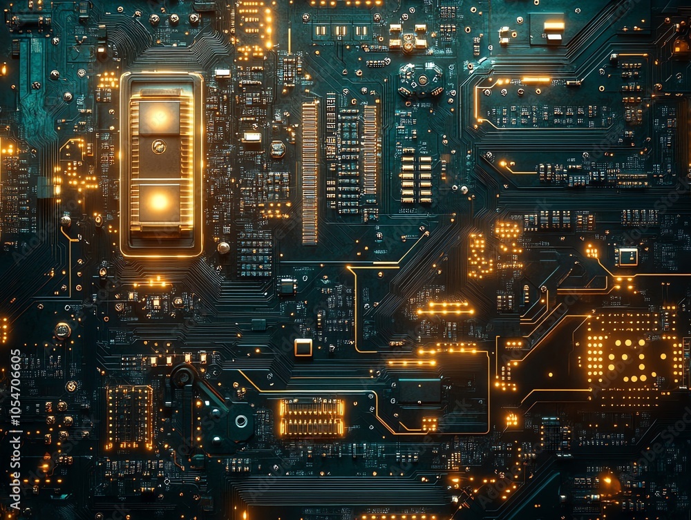 Aufkleber close-up view of a circuit board with glowing chips.