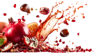 A lively splash of fall fruits like chestnuts, pumpkins, and pomegranates, with juice and seeds scattering. Isolated on white background