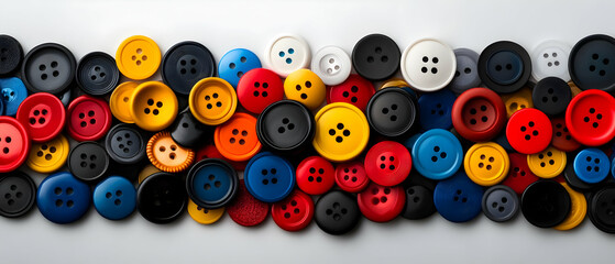 Fototapeta premium Colorful collection of buttons in various shapes and sizes on a white background.