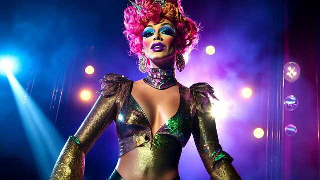 A drag queen with bright pink hair and a sparkling outfit performs on stage under colorful lights