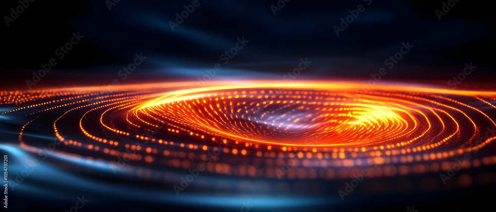 Poster abstract digital wave pattern with glowing orange lines and dark background, creating a sense of mov