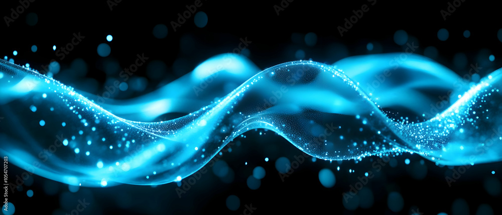 Aufkleber abstract blue wave with glowing particles on a dark background representing technology and motion.
