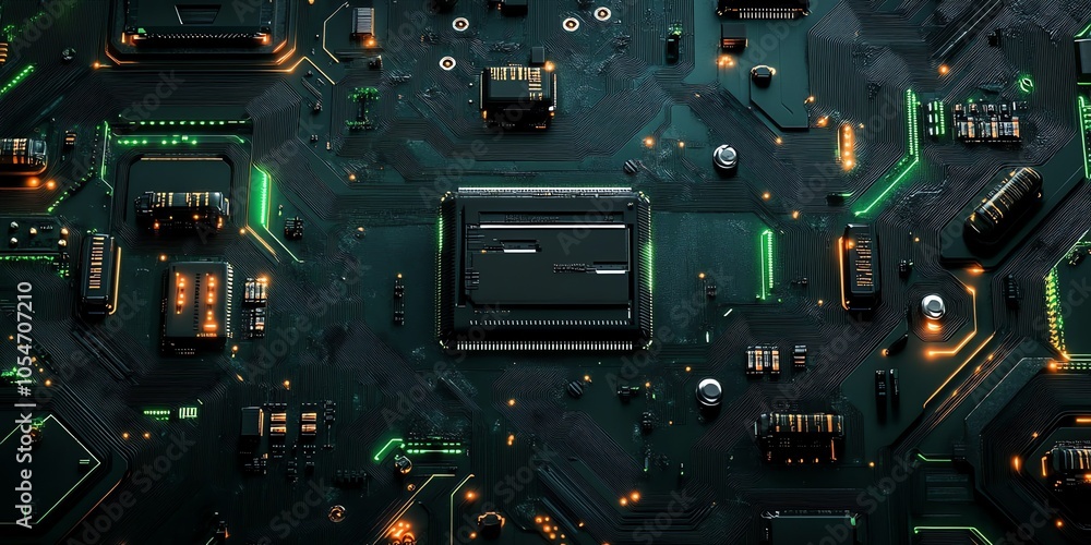 Poster close-up view of a futuristic circuit board with glowing green and orange lights.