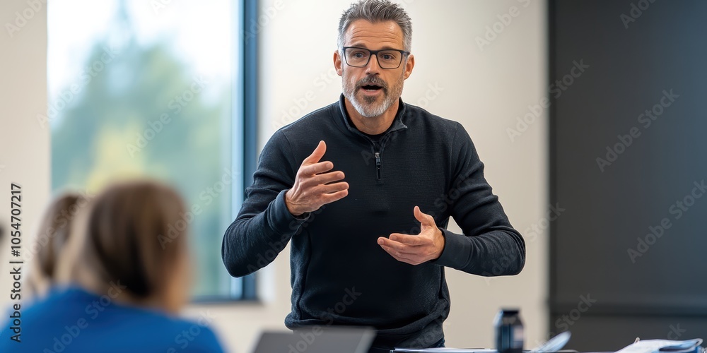 Poster corporate trainer leading a dynamic leadership workshop in a professional setting to enhance team ef