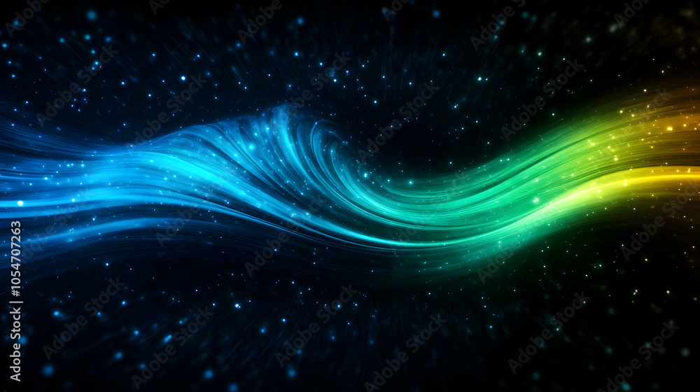 Poster abstract wave pattern with vibrant colors on a dark background, emanating energy and creativity.
