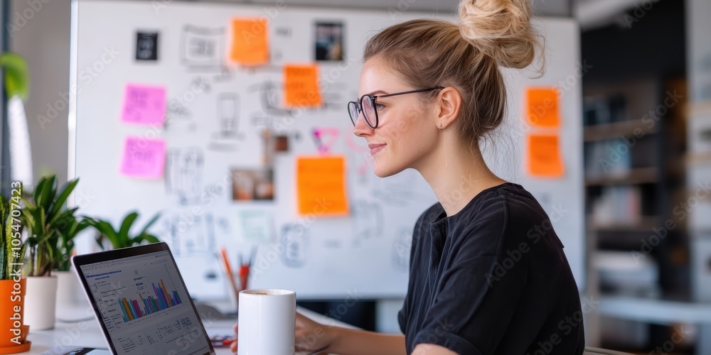 Poster digital marketer analyzing ad performance on a laptop while sipping coffee in a creative workspace f