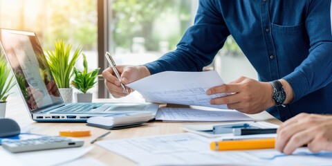 Engineers Collaborating on Blueprint Analysis for Construction Projects in a Modern Workspace