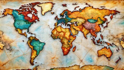 A stunning world map created with authentic Italian marble style, featuring vibrant colors and intricate details