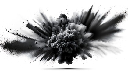 Black powder explosion, charcoal dust texture isolated on white background