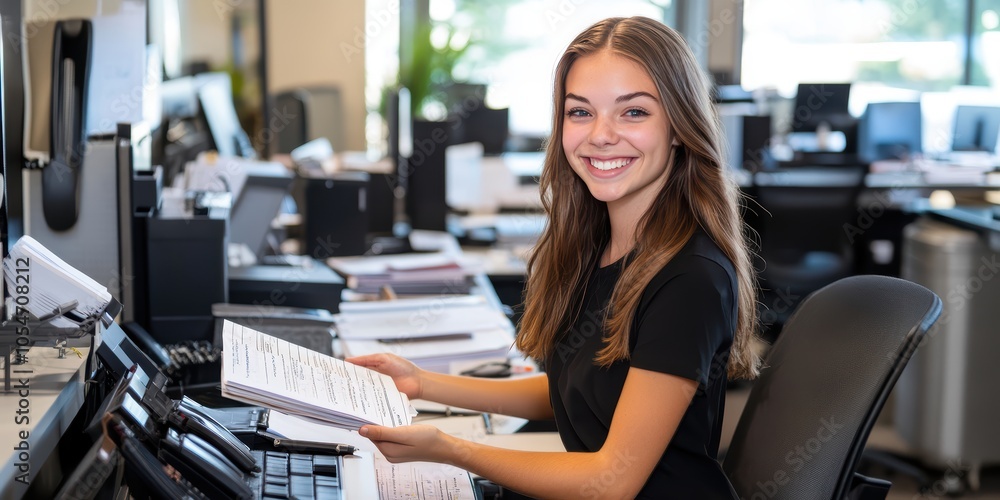 Poster hr assistant efficiently organizing employee files at a modern workplace desk for streamlined record