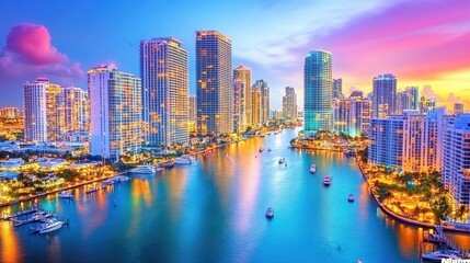 Obraz premium Vibrant Cityscape at Dusk Over Waterway